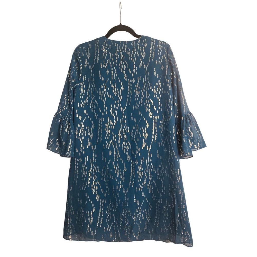 Lilly Pulitzer Silk Metallic Gold Foil Teal Blue Bell Sleeve Shift Dress XS - Picture 3 of 5